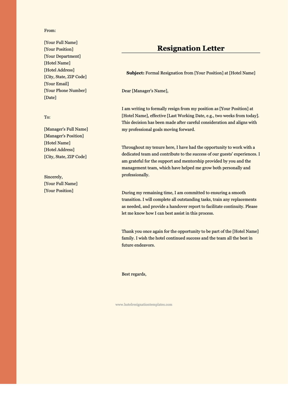 Hotel resignation letter template with placeholder fields and formal structure_variant_3